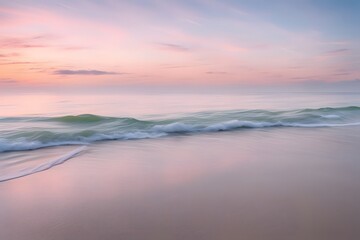 Fototapeta premium A peaceful beach at dawn with soft pastel colors in the sky and gentle waves on the shore, AI Generated