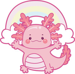 Illustration of cute axolotl activities icon.
Funny pink axolotl in daily routine stickers.