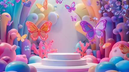 Colorful whimsical stage with vibrant butterflies, ideal for children's events or fantasy themed scenes.