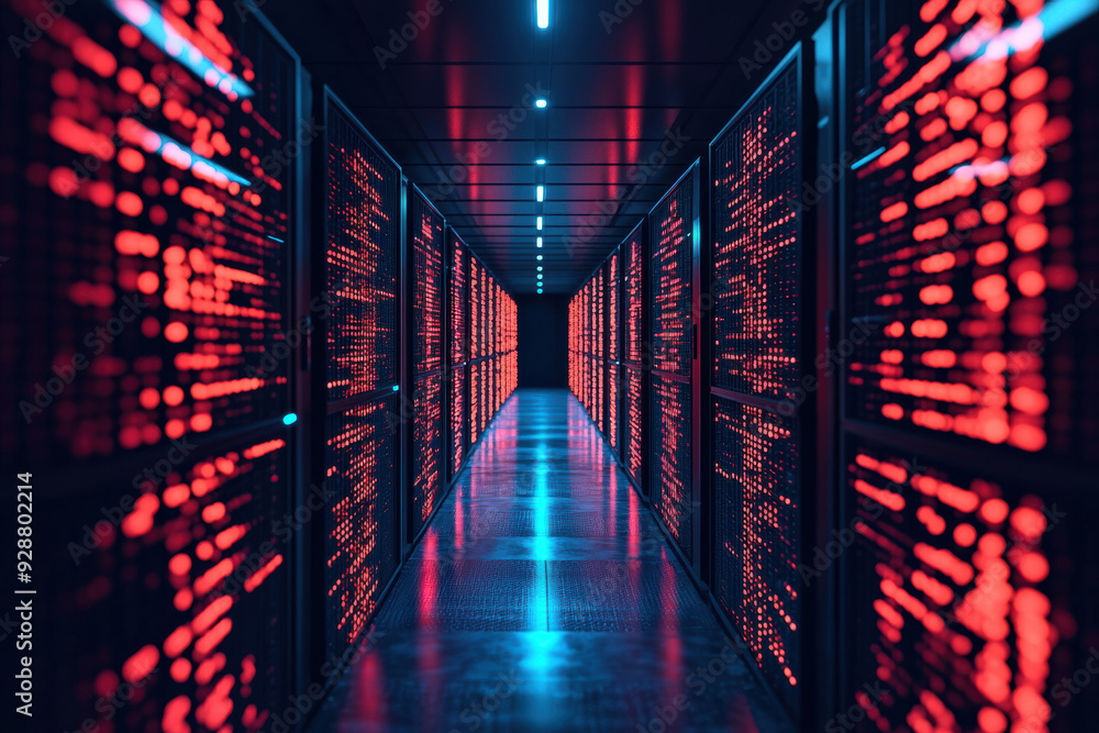 Aufkleber a futuristic data center hallway filled with glowing red lights representing data transfer and digit