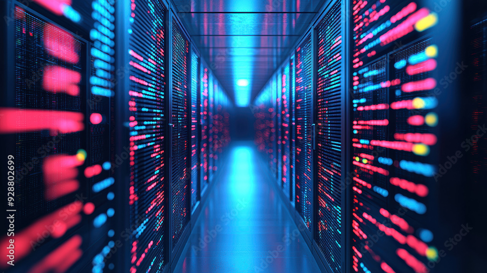 Poster rows of servers and computer equipment in a data center with colorful led lights and reflections, em