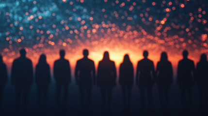 Fototapeta premium Silhouetted figures stand against a vibrant, starry backdrop, evoking unity and mystery in a vast cosmos.