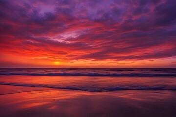 Obraz premium A peaceful sunset over a calm ocean with the sky painted in rich reds oranges and purples, AI Generated
