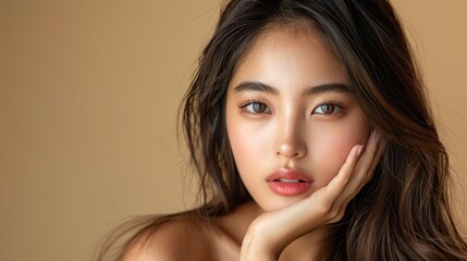Fototapeta premium Young Asian beauty woman with long hair and Korean 022 woman, beauty, face, hair, model, fashion, eyes, makeup, brunette, skin, make-up, glamour, smile, person, brown, people, close-up, closeup, head