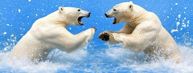 Obraz premium A trio of polar bears traversing a glistening ice landscape under a serene sky at dawn