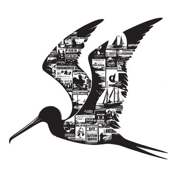 recommend clip art: silhouette of Frigatebird filled with vintage punk's poster collage wall in rough drawing