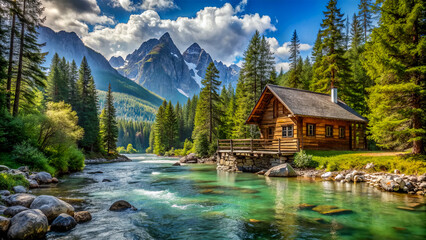 Fototapeta premium A wooden cabin sits beside a clear river, framed by towering mountains and dense greenery, reflecting the beauty of nature on a sunny day