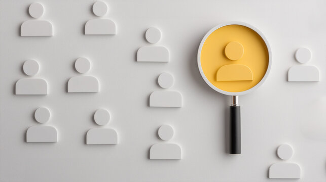 A yellow figure stands out under a magnifying glass among white abstract human icons on a plain background, depicting the concept of individuality.