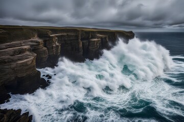 A rocky coastline with powerful waves crashing against the cliffs creating dramatic splashes, AI...