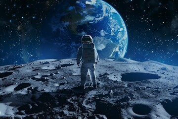 Obraz premium Astronaut standing on the moon surface, looking at the Earth in the distance, surrounded by stars.
