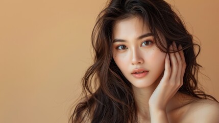 Fototapeta premium Young Asian beauty woman with long hair and Korean 079 woman, beauty, hair, face, fashion, model, glamour, brunette, skin, people, makeup, smile, eyes, person, long, head, brown, one, studio, look, e