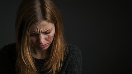 Young Woman with Facial Bruise Showing Concern and Distress