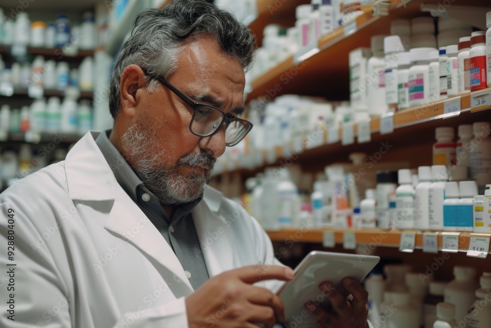 Poster a scientist examining data on a tablet computer, possibly conducting research or analyzing results