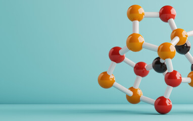 Colorful molecular structure model against a blue background, representing science, chemistry, and research concepts in a minimalist style.