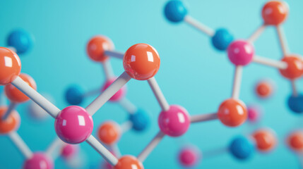 Obraz premium Colorful molecular model representation against a blue background, showcasing connections in science, chemistry, or biology for educational use.