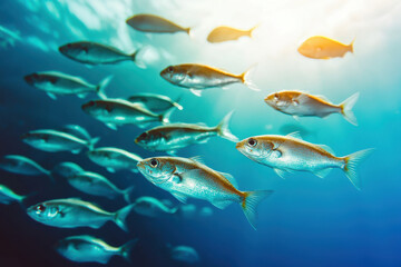 Naklejka premium A school of silver fish swimming gracefully underwater in the clear blue ocean, sunlight filtering through the water, highlighting their scales.