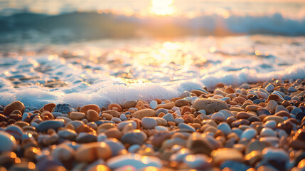 Sea beach, sea waves on the shore, sea pebbles in the rays of sunset.