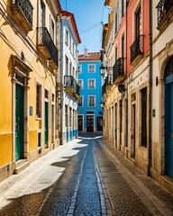 Fototapeta premium Narrow cobblestone street in a historic European city with colorful buildings.