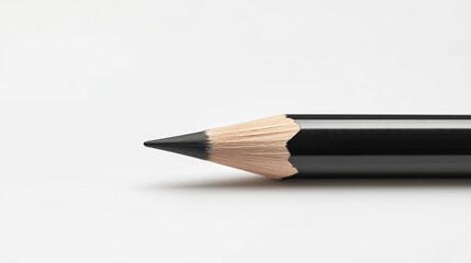 A detailed close-up of a sharpened black wooden pencil.