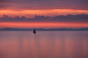 Fototapeta premium A serene sunset over a calm ocean with a lone sailboat silhouetted against the colorful sky, AI Generated