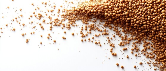A close-up of scattered golden mustard seeds on a white background, showcasing their texture and color for culinary applications.