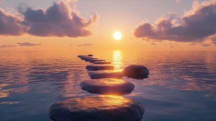 Stepping stones stretch across calm ocean waters at sunset..