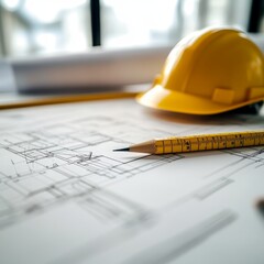 Blueprint floor plan architectural project on the table with yellow helmet and pencil