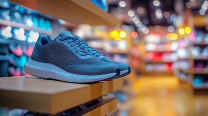 Close-up of gray running shoes on a shelf in a brightly lit modern store, with blurred background.