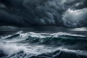 Fototapeta premium A stormy sea with dark turbulent waves and dramatic clouds looming overhead, AI Generated