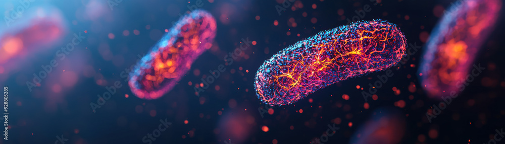 Poster close-up view of glowing bacteria under a microscope, showcasing intricate cellular structure and vi