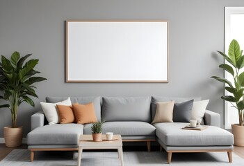 A modern living room with a large blank white frame on the wall above a gray sectional sofa, a wooden coffee table, and a potted plant.