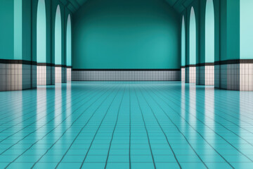 Elegant turquoise room with tiled floor, arched windows, and high ceilings. Perfect for backgrounds, architectural designs, or interior visualizations.