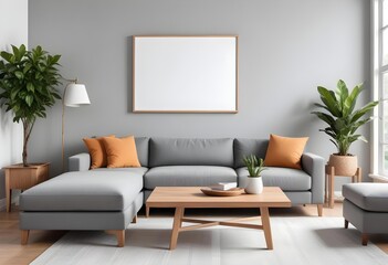 A modern living room with a large blank white frame on the wall above a gray sectional sofa, a wooden coffee table, and a potted plant.