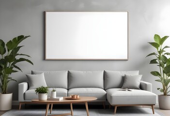 A modern living room with a large blank white frame on the wall above a gray sectional sofa, a wooden coffee table, and a potted plant.
