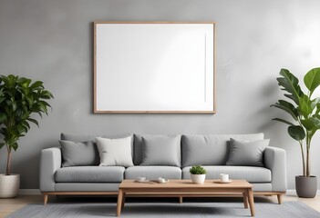 A modern living room with a large blank white frame on the wall above a gray sectional sofa, a wooden coffee table, and a potted plant.
