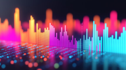 Colorful neon light waves representing sound or data visualization on a dark background. Vibrant abstract concept for technology and music themes.