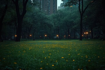 A Field of Yellow Flowers in an Urban Park at Dusk