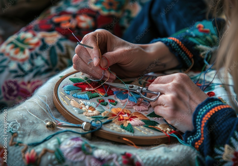 Poster close up of hands embroidering colorful floral patterns on fabric using a needle and scissors a cozy
