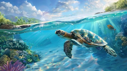 Obraz premium Sea Turtle Swimming Through Tropical Waters