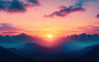 Fototapeta premium A breathtaking sunset over majestic mountain ranges with vibrant colors and peaceful ambiance. Perfect for nature, travel, and landscape graphy.