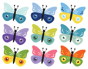 Butterfly collection, cute kids cartoon vector. Illustration isolated on white background. Color insect clipart. Baby shower design elements. Party invitation, birthday celebration. Spring, summer art
