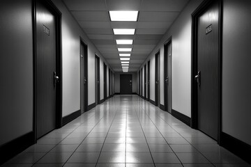 A Long, Dark Hallway with Doors and a Tiled Floor