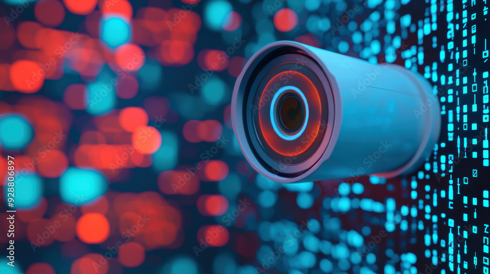 Poster high-tech security camera with futuristic digital interface and glowing red and blue lights, symboli