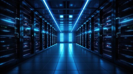 Server room, empty corridor, dark data center inside.