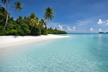 A tropical island with a white sandy beach clear blue water and a few scattered palm trees, AI Generated