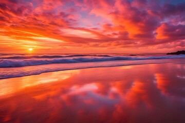 Fototapeta premium A vibrant beach sunset with fiery orange and pink hues reflecting on the wet sand, AI Generated