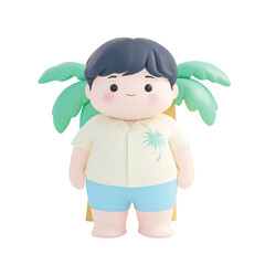 3D Cartoon Beach Character in Summer Attire with Palm Tree