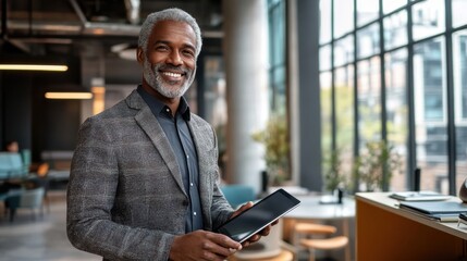 Fototapeta premium Confident Mature Businessman Smiling with Tablet in Modern Office
