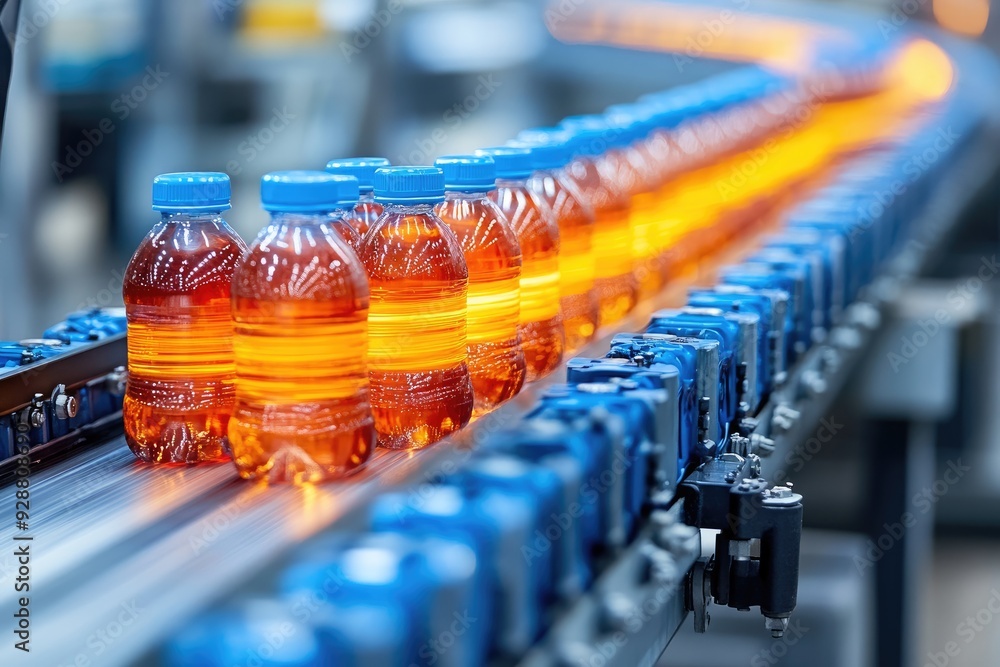 Poster bottles moving on a conveyor belt in a factory setting