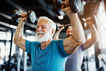 An energetic elderly fitness enthusiast demonstrates that a healthy lifestyle is achievable at any age, emphasizing the importance of staying active while working and exercising at the gym